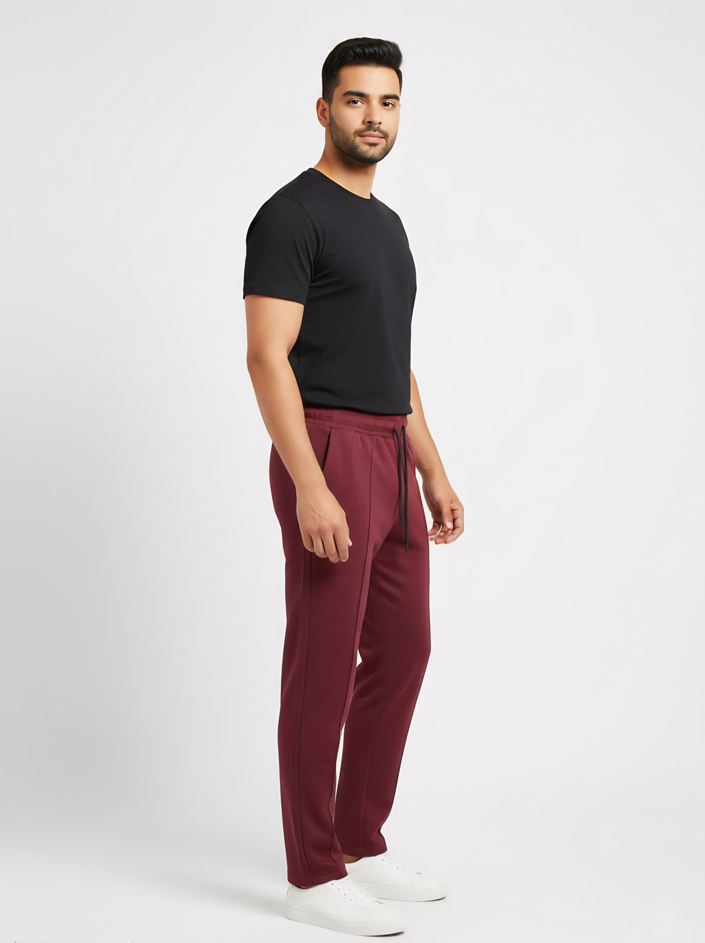 Burgundy Performance Knit Straight-Leg Track Pants with Center Seam