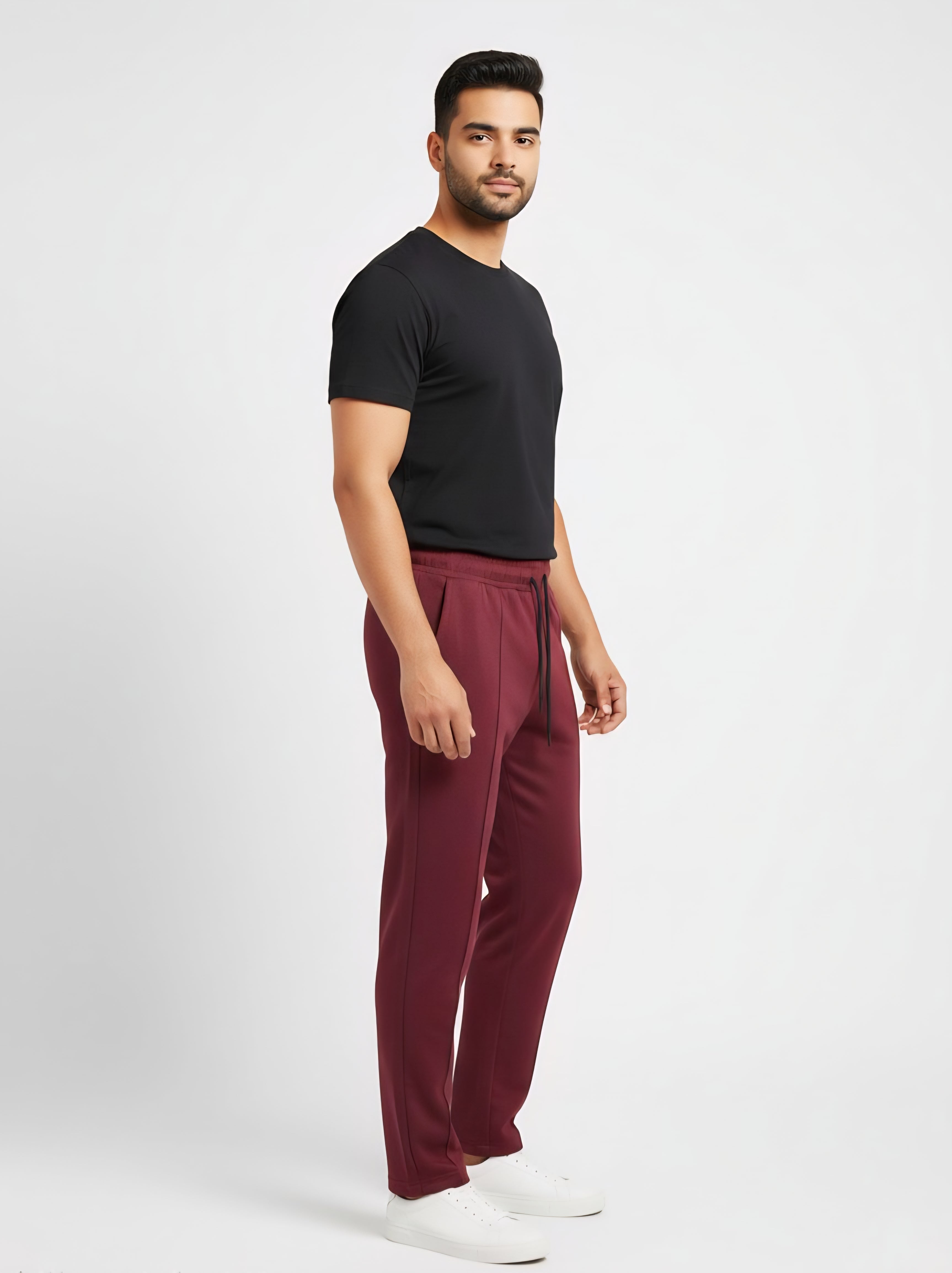 Burgundy Performance Knit Straight-Leg Track Pants with Center Seam
