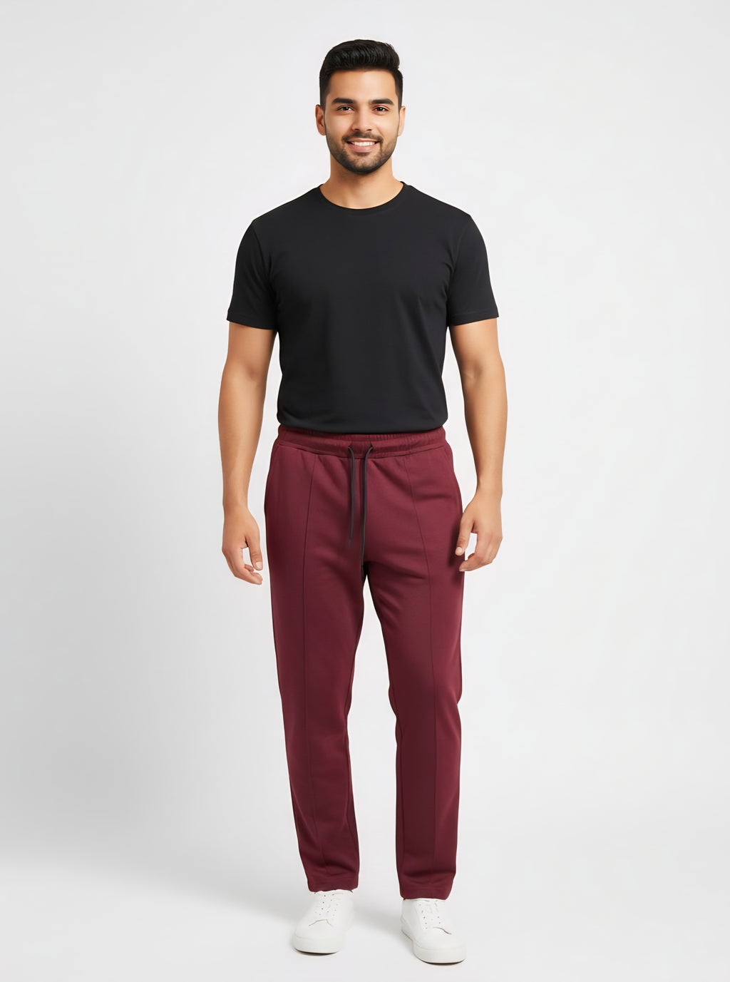 Burgundy Performance Knit Straight-Leg Track Pants with Center Seam