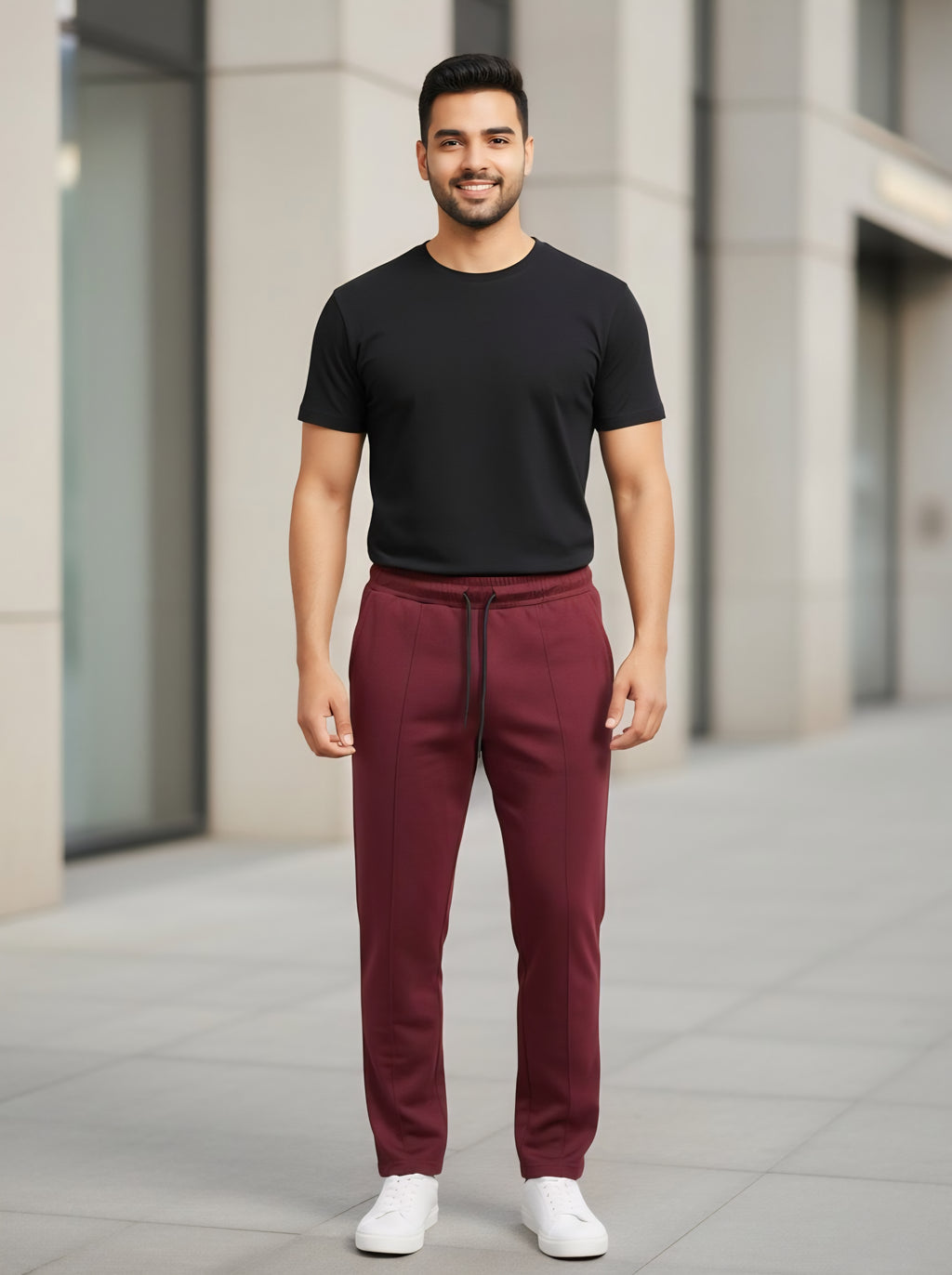 Burgundy Performance Knit Straight-Leg Track Pants with Center Seam