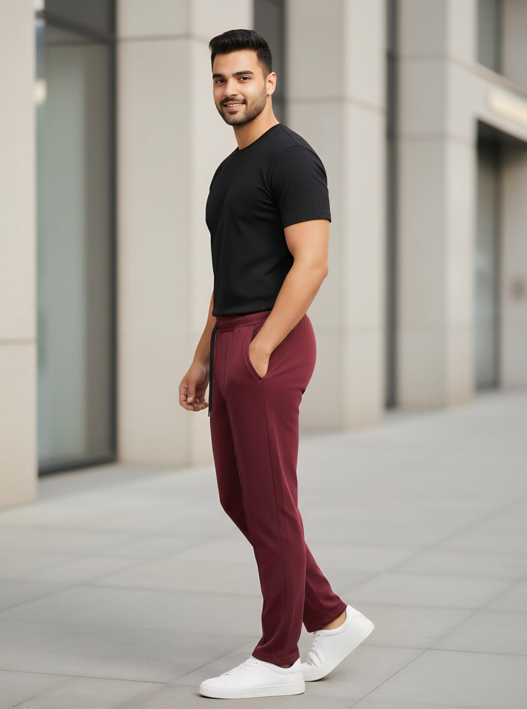 Burgundy Performance Knit Straight-Leg Track Pants with Center Seam